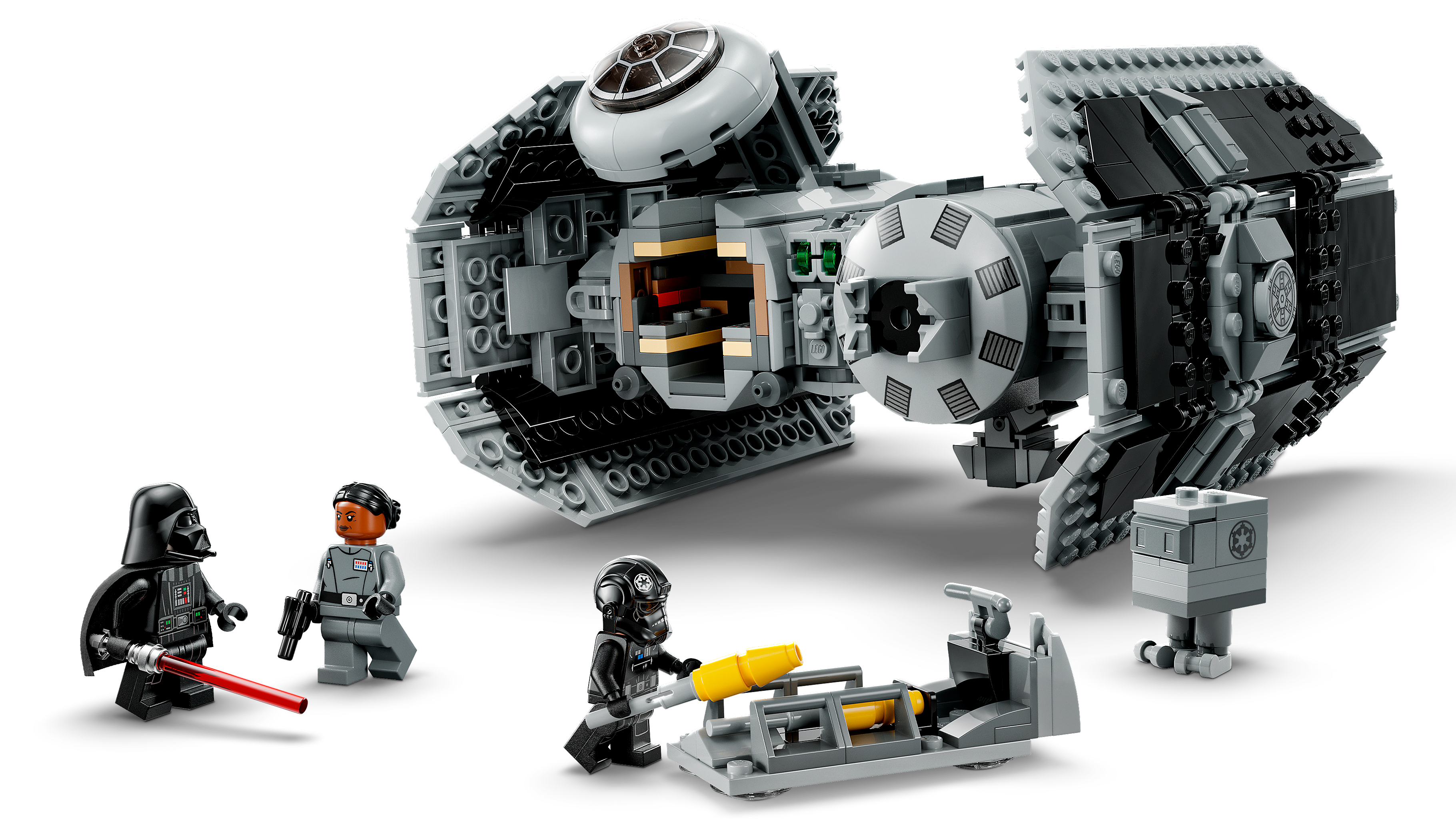 LEGO 75347 TIE Bomber – Detailansicht mit aufgeklapptem Cockpit und Torpedo-Mechanik