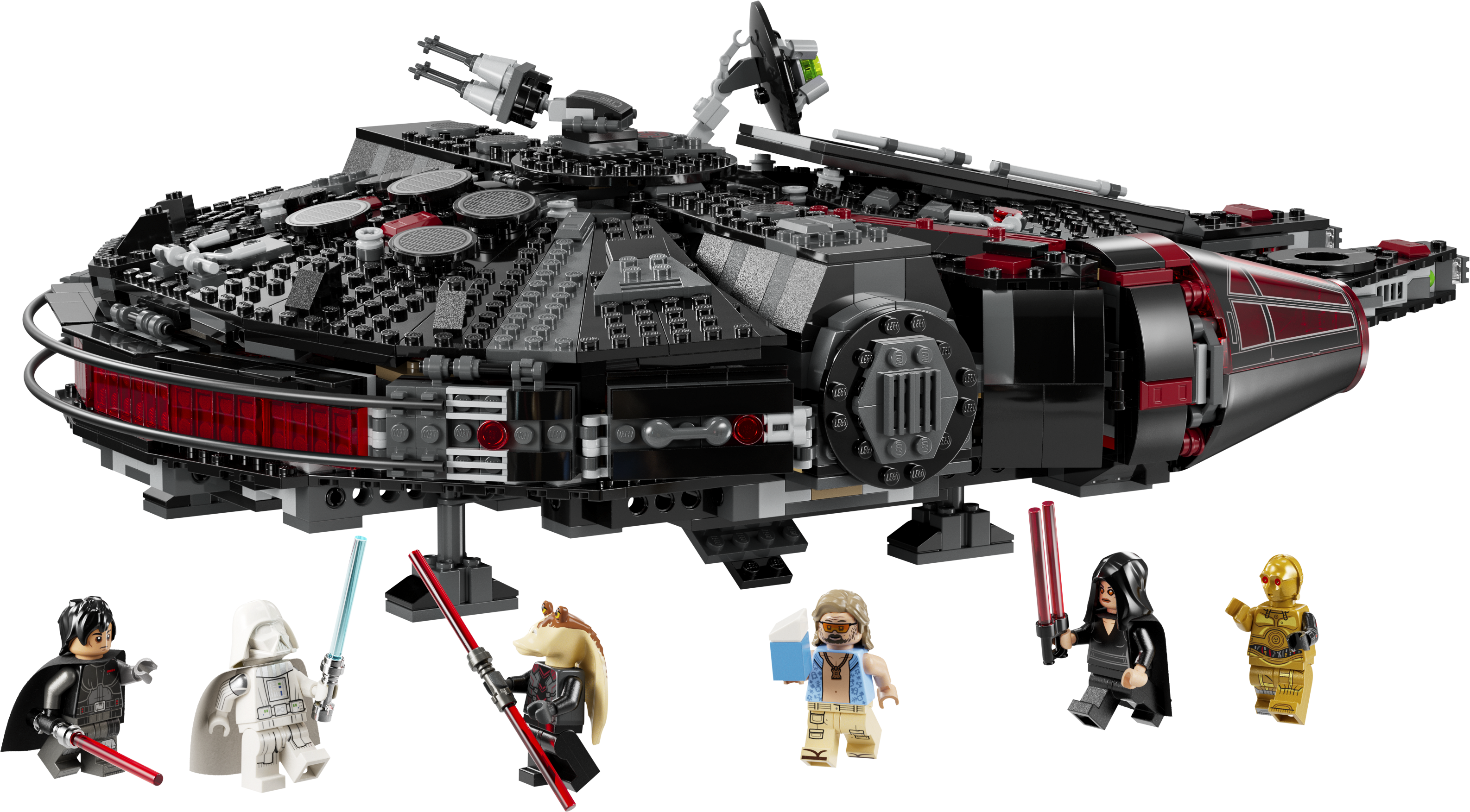 LEGO 75389 Dunkler Millennium Falke – Breite Seitenansicht des großen Raumschiffs mit allen Figuren