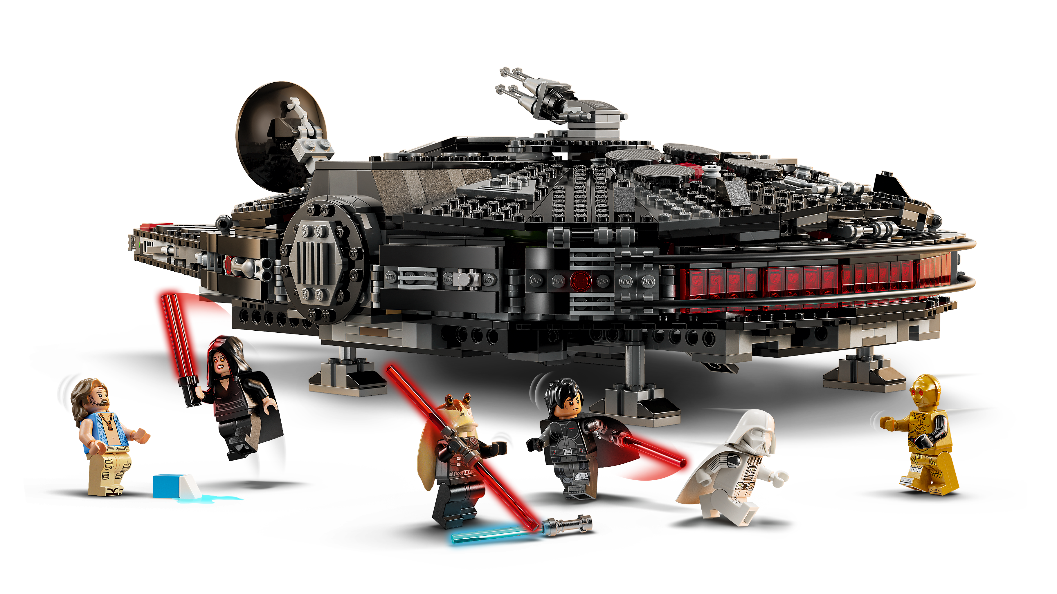 LEGO 75389 Dunkler Millennium Falke – Detailansicht mit geöffnetem Cockpit und Geschützaufbauten