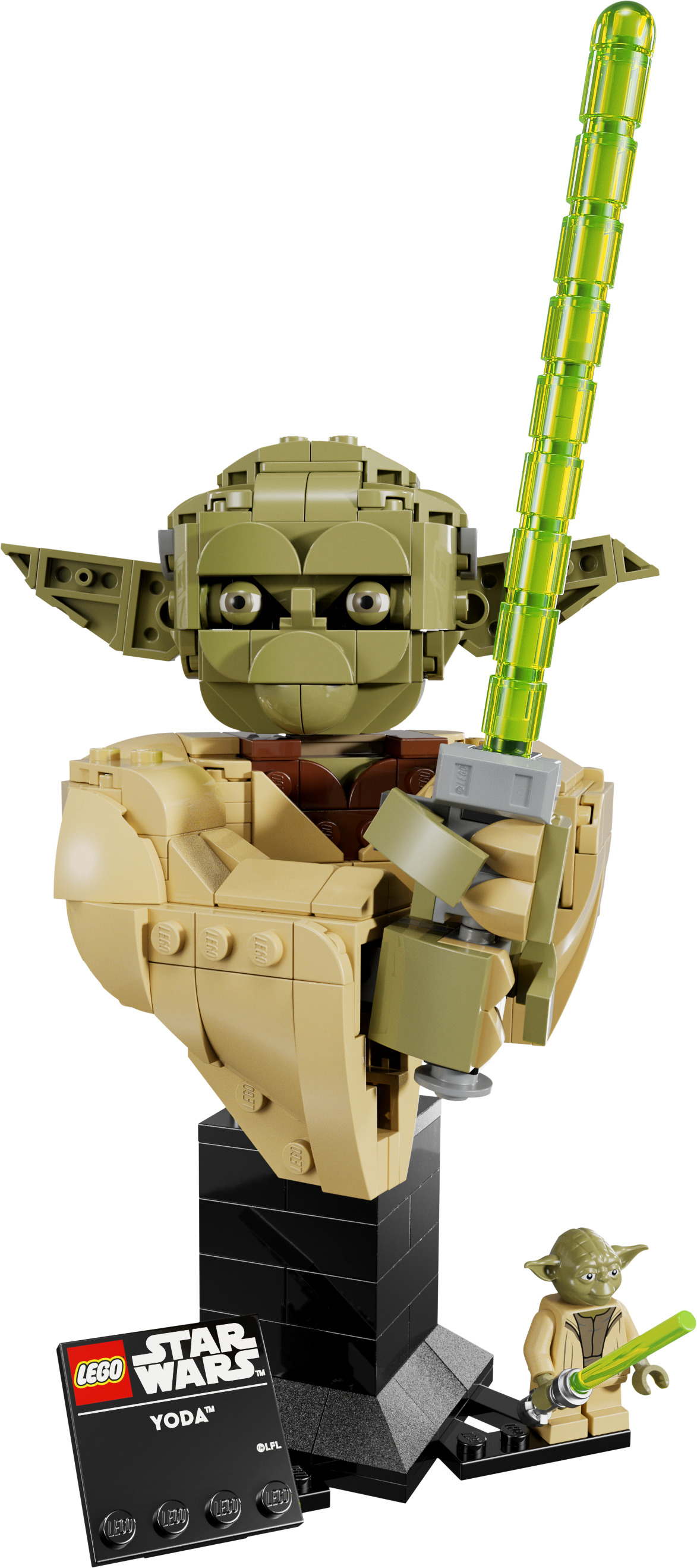 LEGO 75438 Yoda Büste in Olivgrün und Beige auf schwarzem Sockel mit Lichtschwert und Minifigur