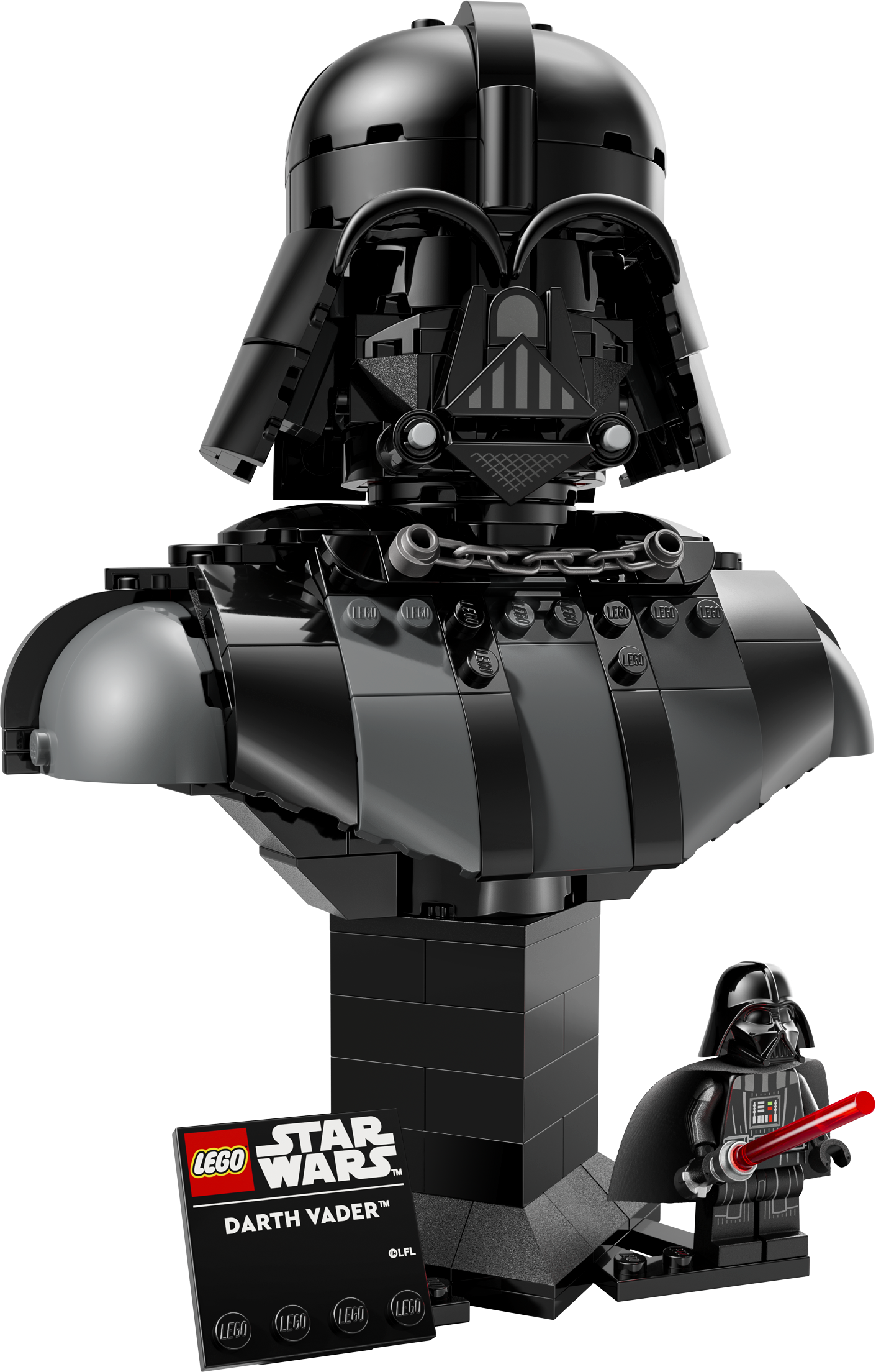 LEGO 75439 Darth Vader Büste in Schwarz auf schwarzem Sockel mit Minifigur und rotem Lichtschwert