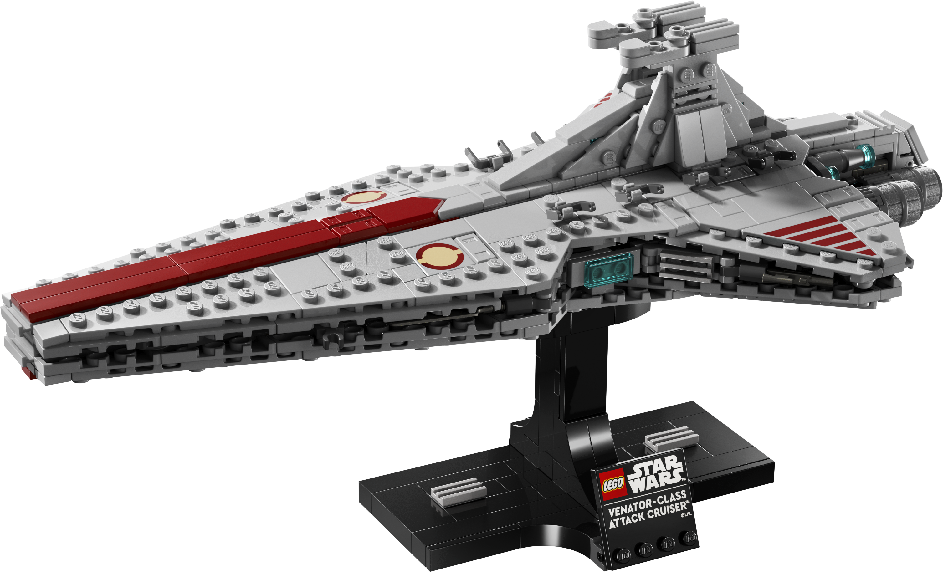 LEGO 75441 Venator-Klasse Angriffskreuzer – Komplettansicht des grau-roten Raumschiffs auf Präsentationsständer