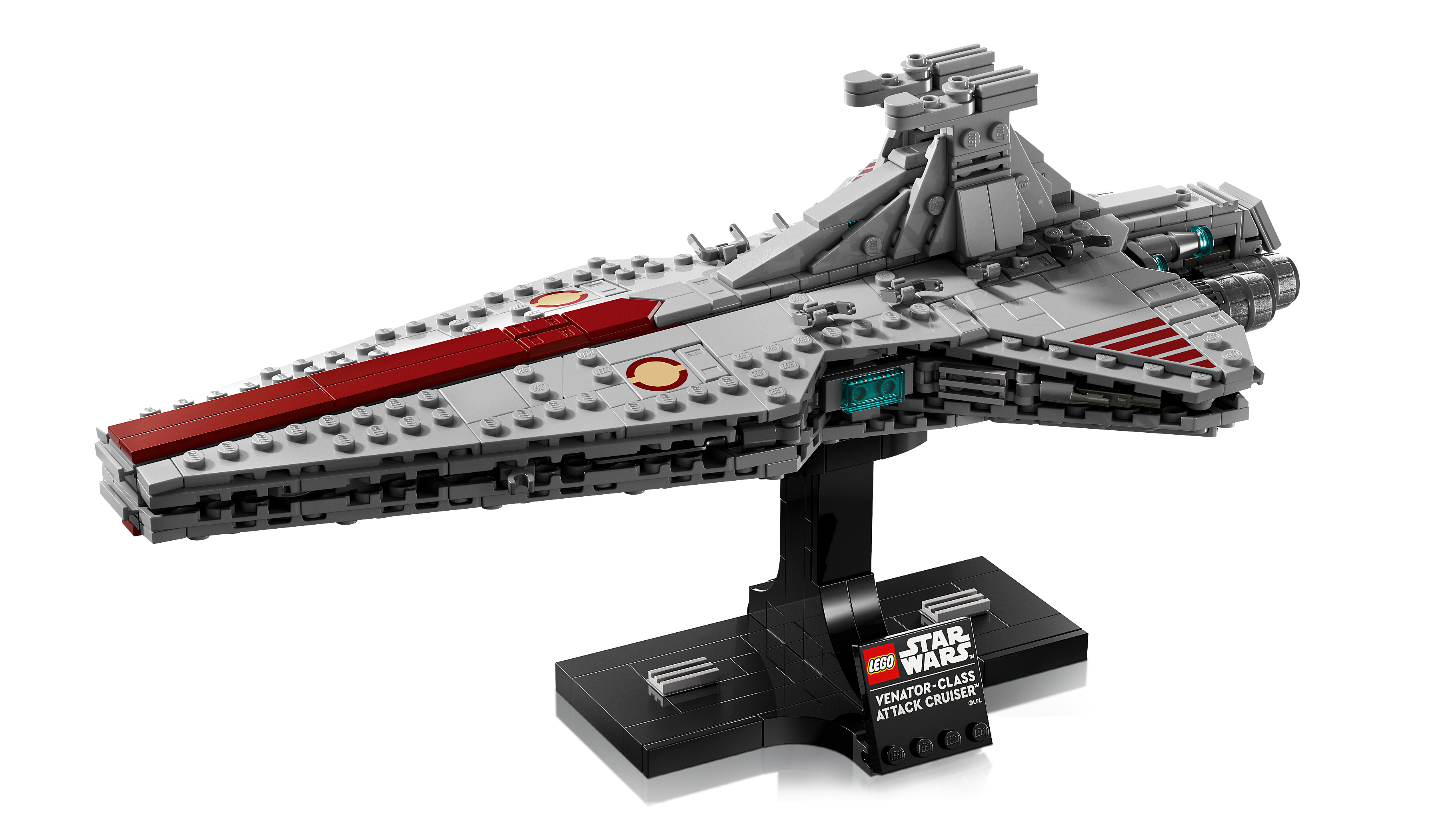LEGO 75441 Venator-Klasse – Detailansicht mit aufgeklappten Seitenplatten und sichtbarem Hangarraum