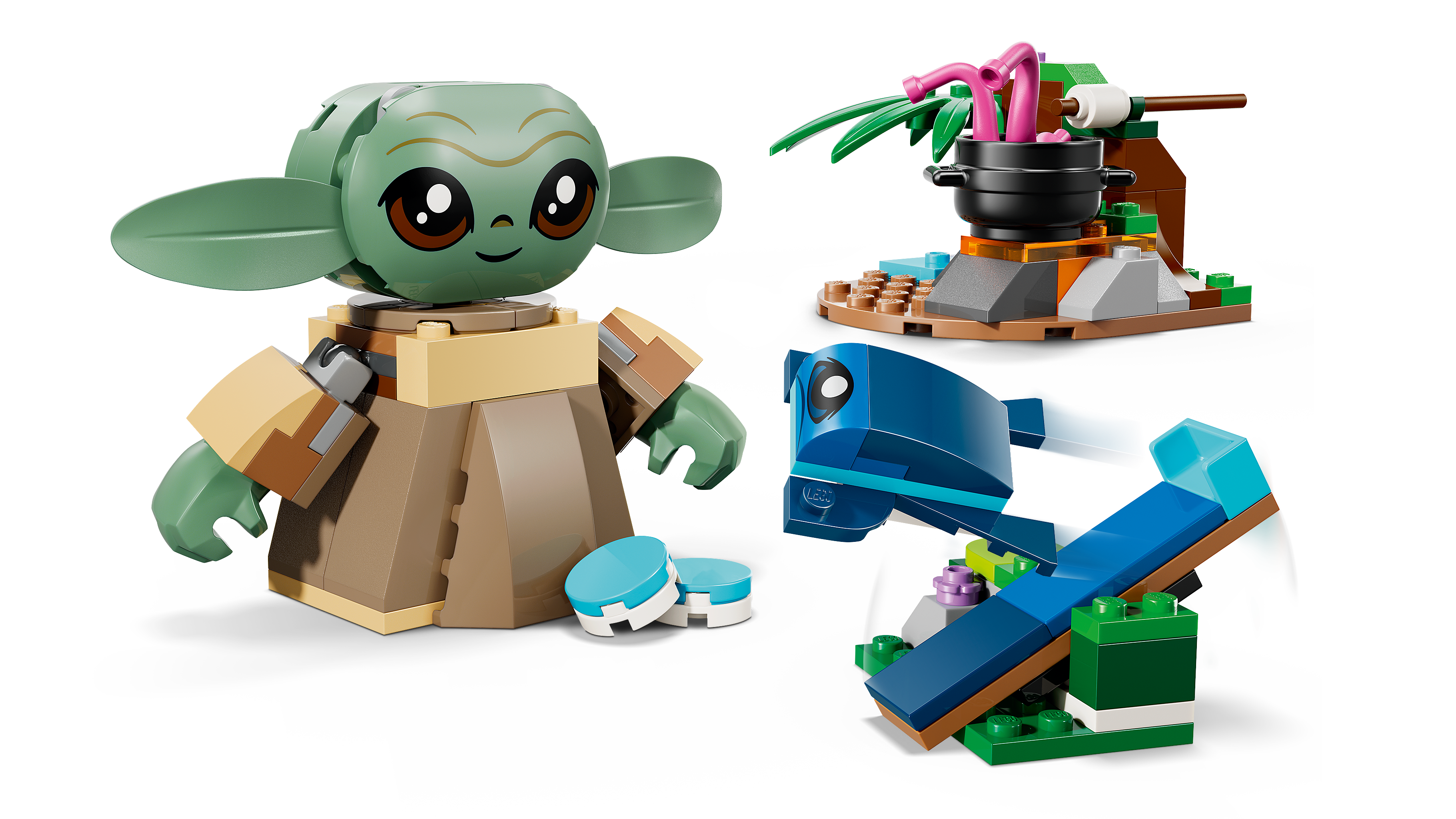 LEGO 75443 Grogus Zuhause – Detailansicht der Feuerstelle, des Katapults und der Grogu-Figur