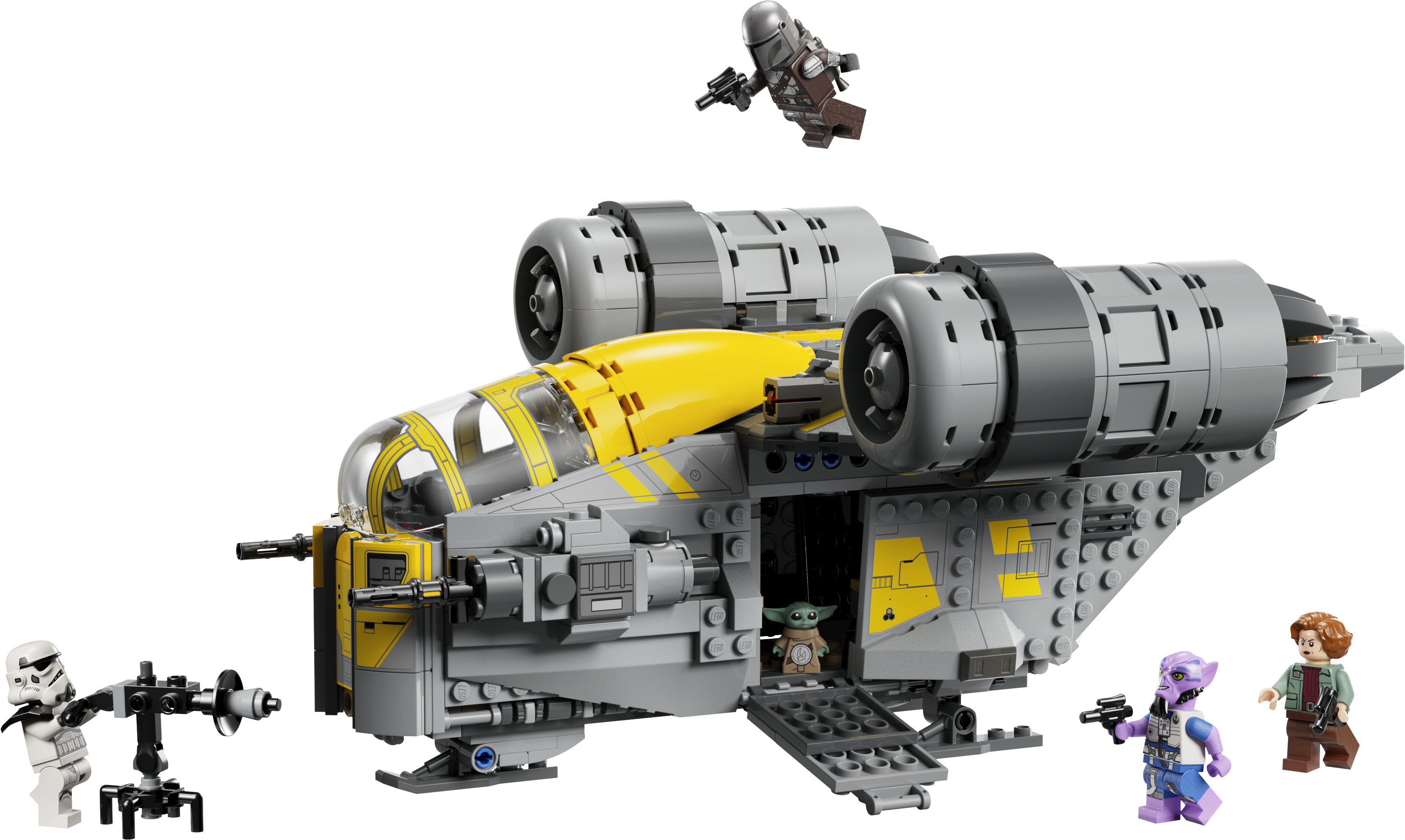 LEGO 75447 Razor Crest – Komplettansicht des Raumschiffs mit allen fünf Figuren