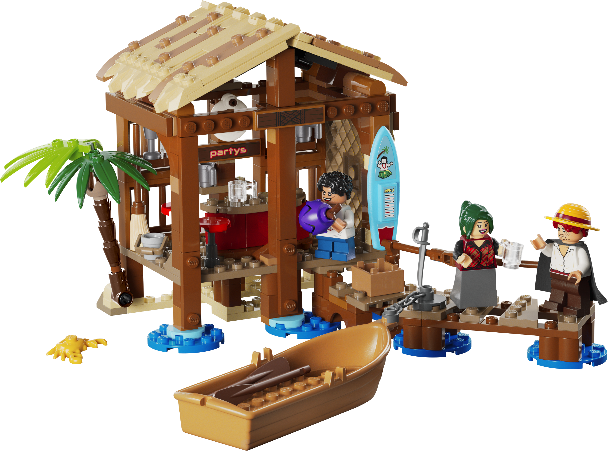 LEGO 75636 Hütte im Windmühlendorf Produktbild mit Makinos Bar, Piratenboot und Minifiguren