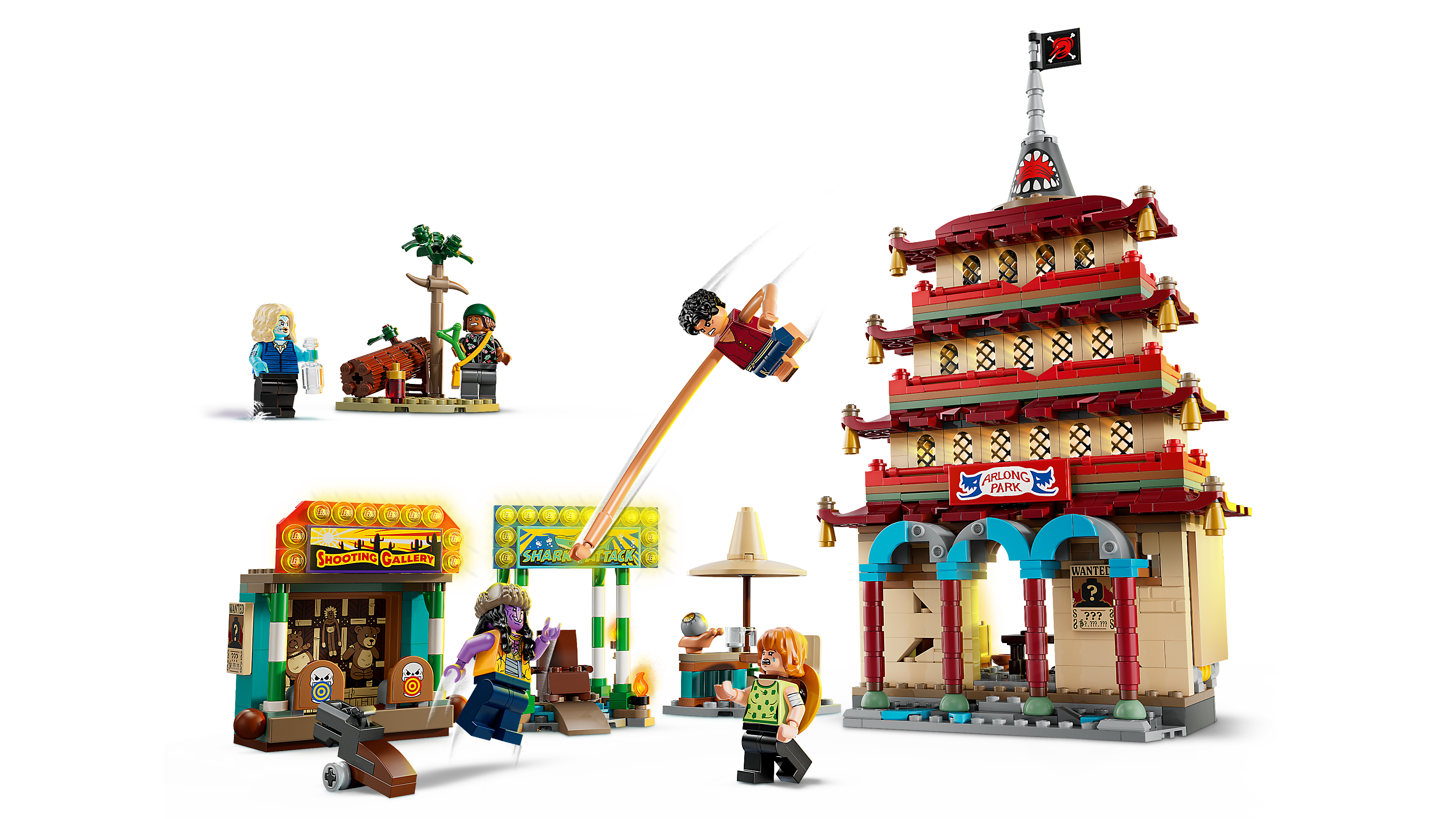LEGO 75638 Showdown im Arlong Park Produktbild mit Pagode, Minifiguren und Arlong Park Ambiente