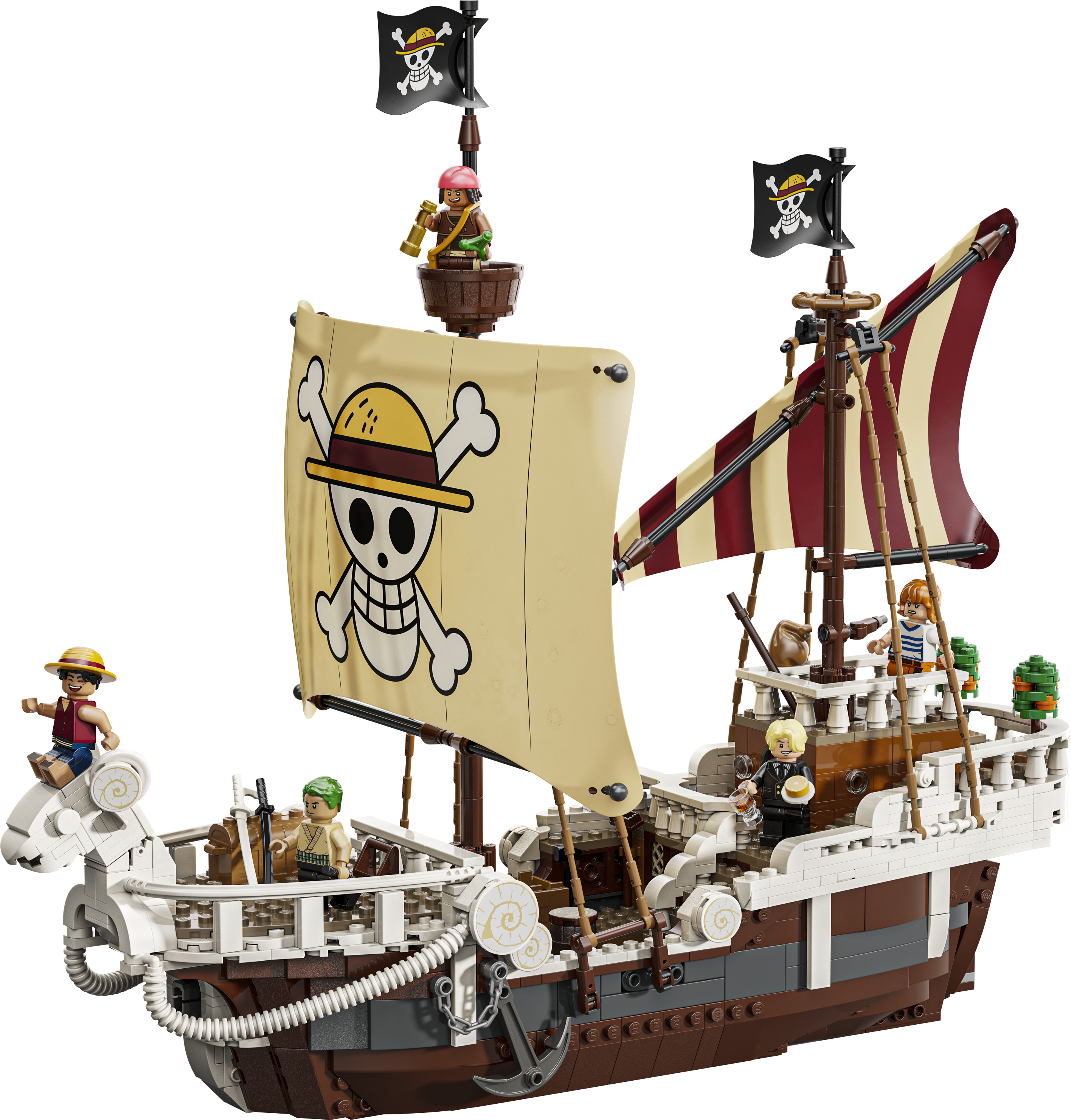 LEGO 75639 Das Piratenschiff Flying Lamb Produktbild mit allen Minifiguren und vollständigem Schiffsmodell