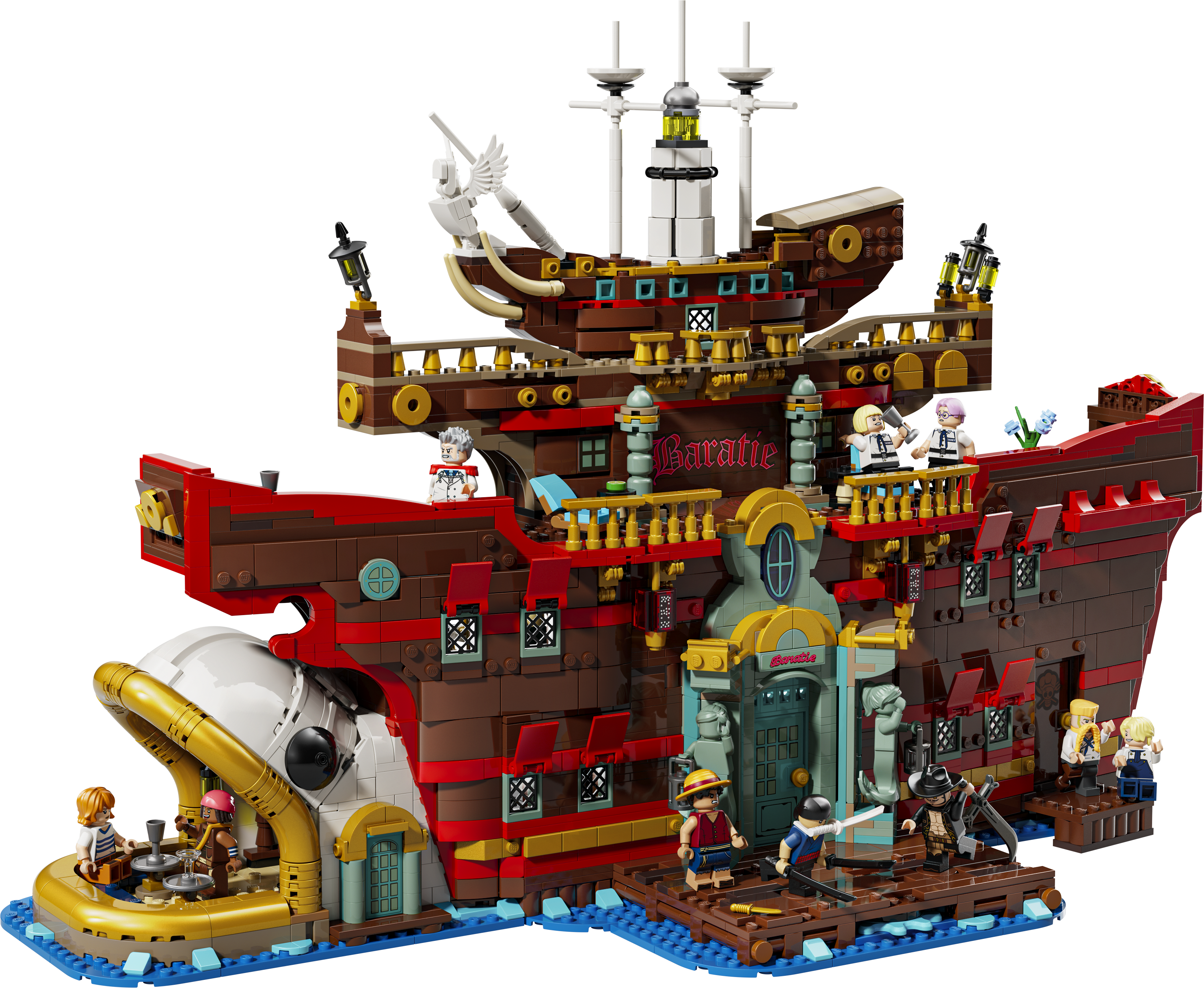 LEGO 75640 Baratié Schwimmende Restaurant Produktbild mit Minifiguren und Detailansicht