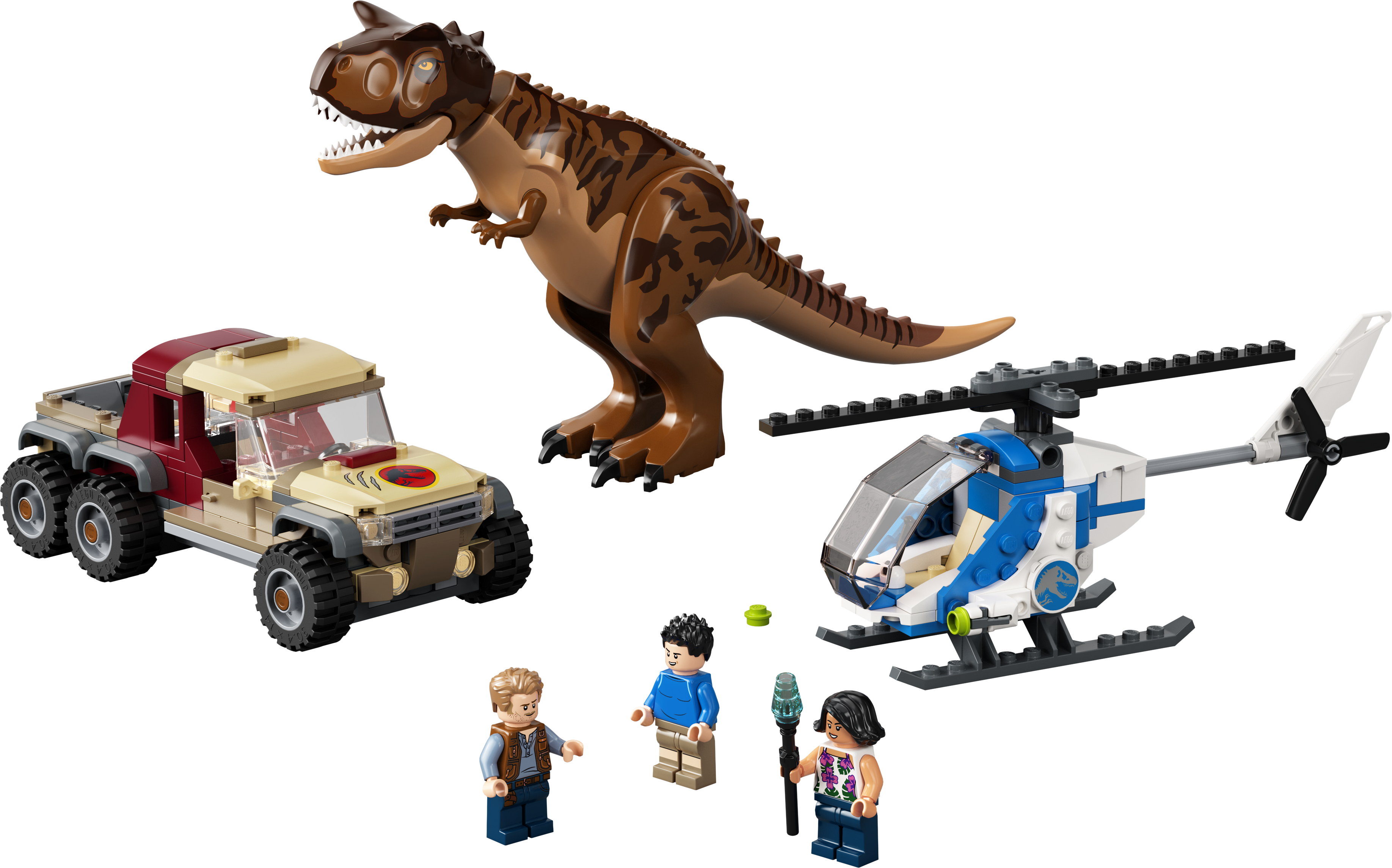 LEGO 76941 Jurassic World Verfolgung des Carnotaurus Produktbild mit Hubschrauber und Pickup