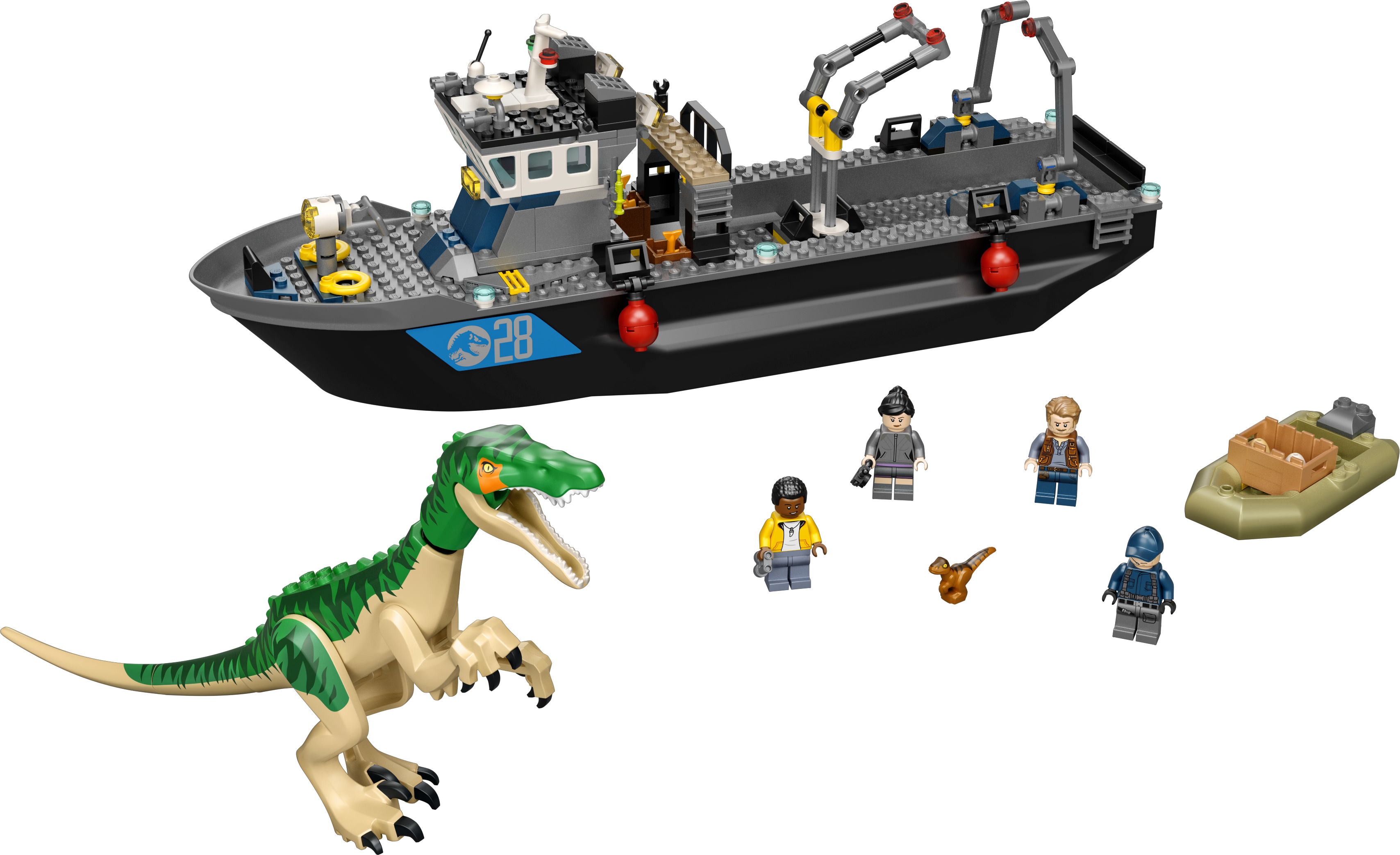 LEGO 76942 Jurassic World Flucht des Baryonyx Produktbild mit Boot und Dinosaurier