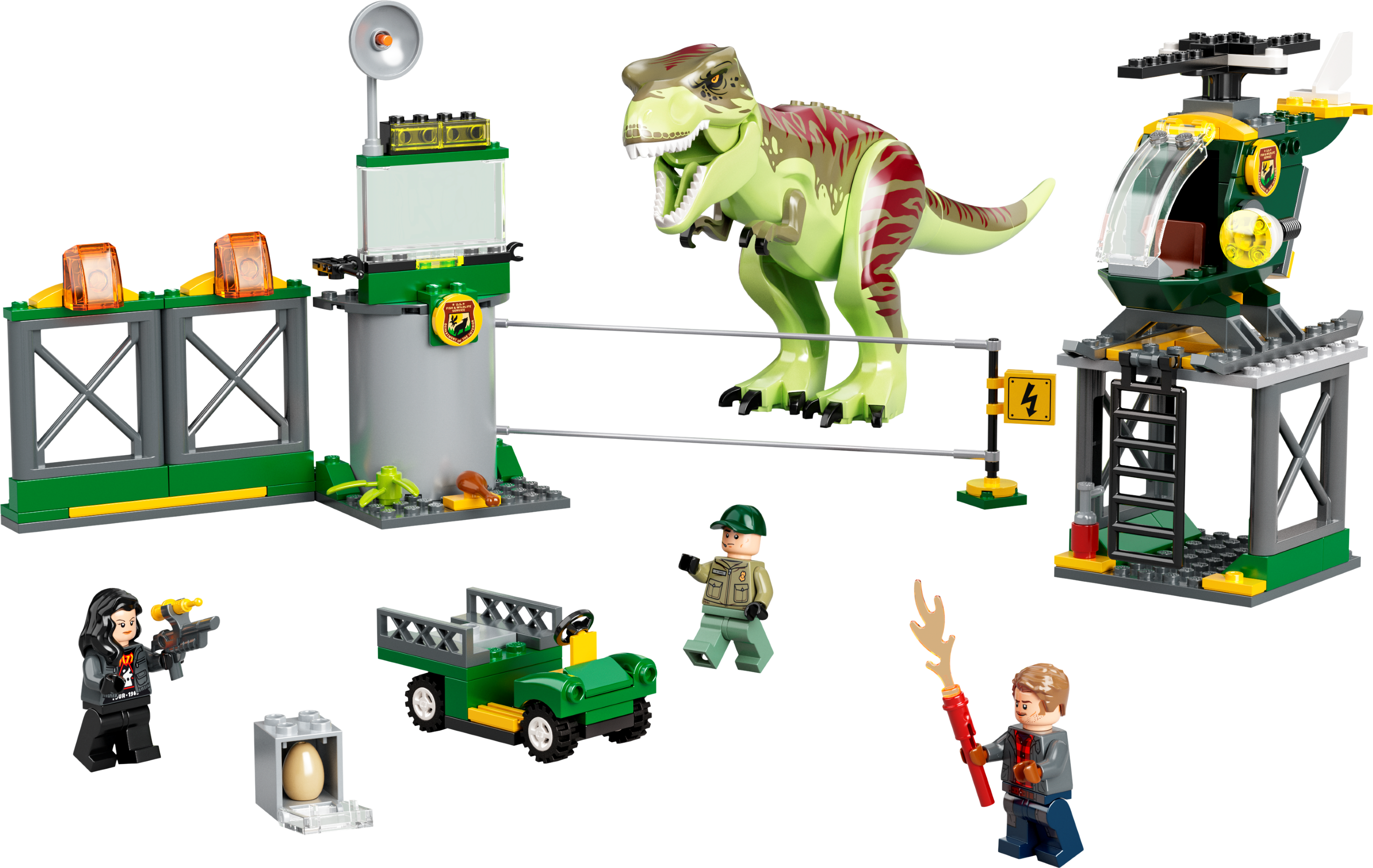 LEGO 76944 Jurassic World T. Rex Ausbruch Produktbild mit Flughafen, Hubschrauber und Dinosaurier