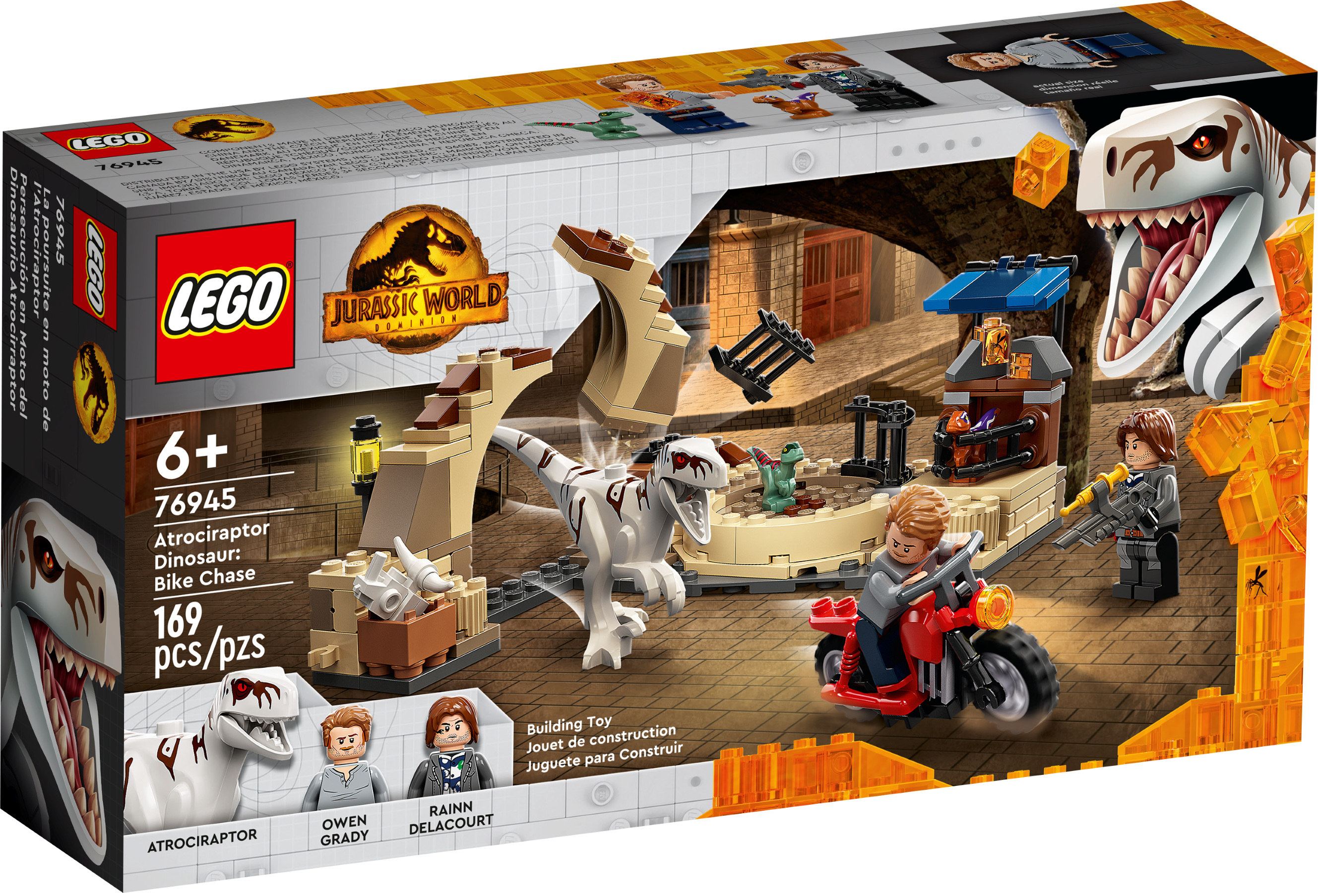 LEGO 76945 Atrociraptor mit Motorrad und Marktplatz mit einklappbarer Mauer