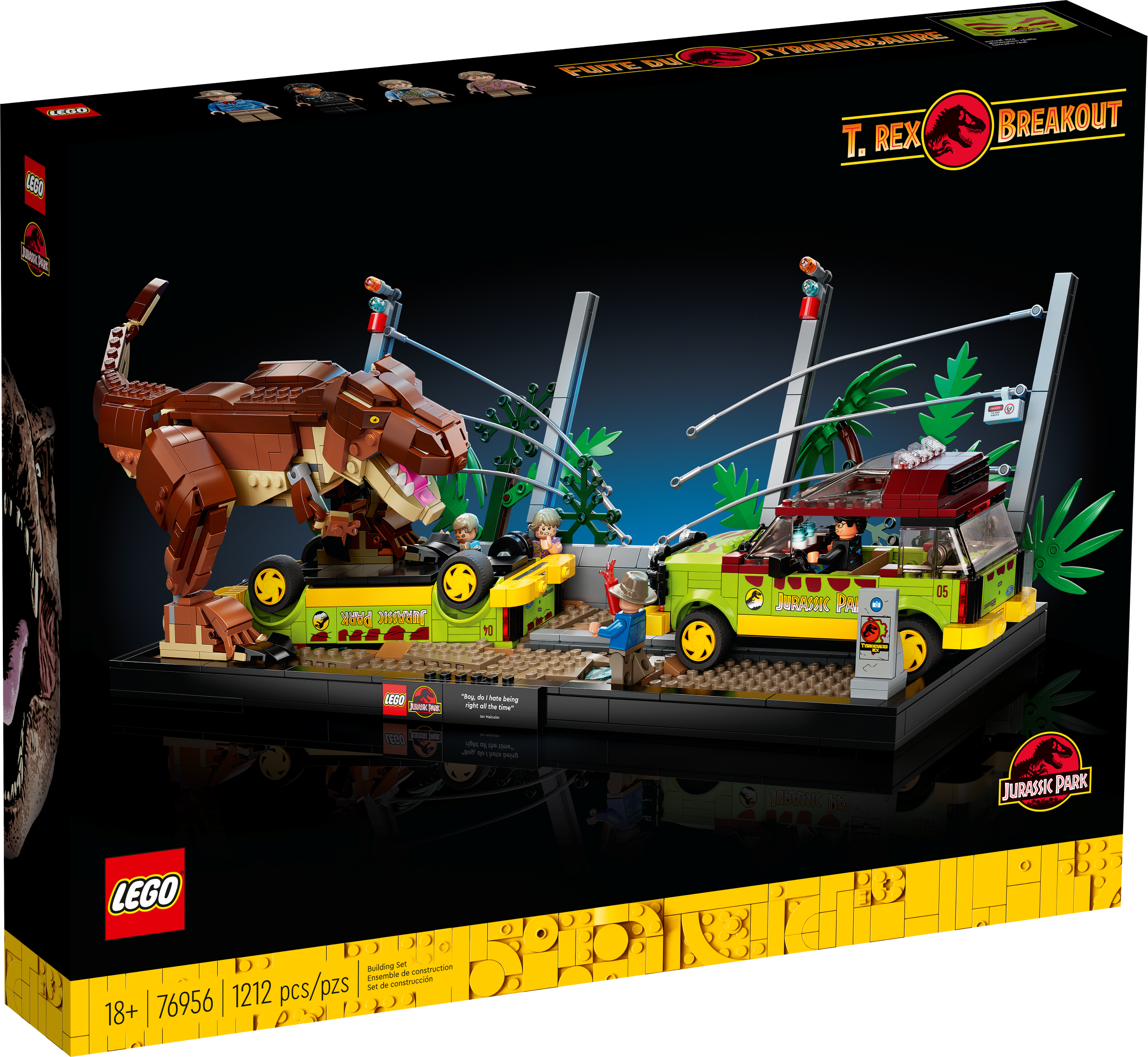 LEGO 76956 Ausbruch des T. Rex Produktbild mit T. Rex, zwei Ford Explorer und zerstörtem Elektrozaun