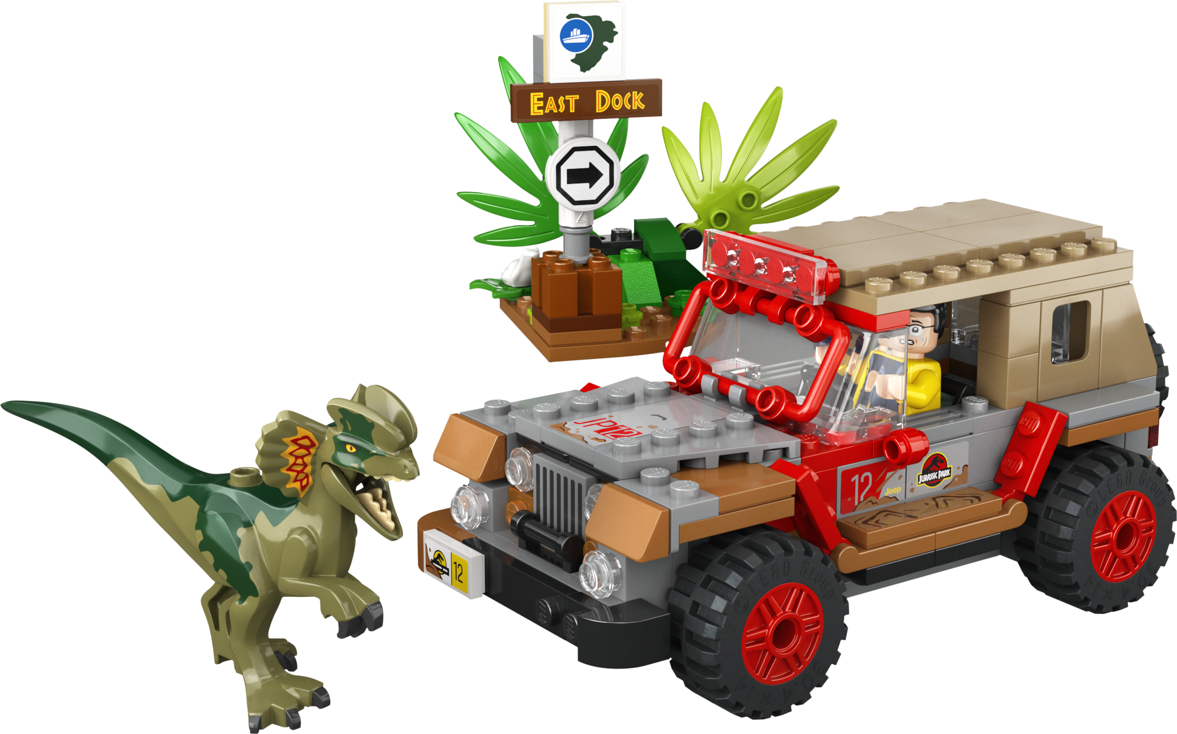LEGO 76958 Jurassic Park Hinterhalt des Dilophosaurus mit Jeep und Dilophosaurus Dinosaurier
