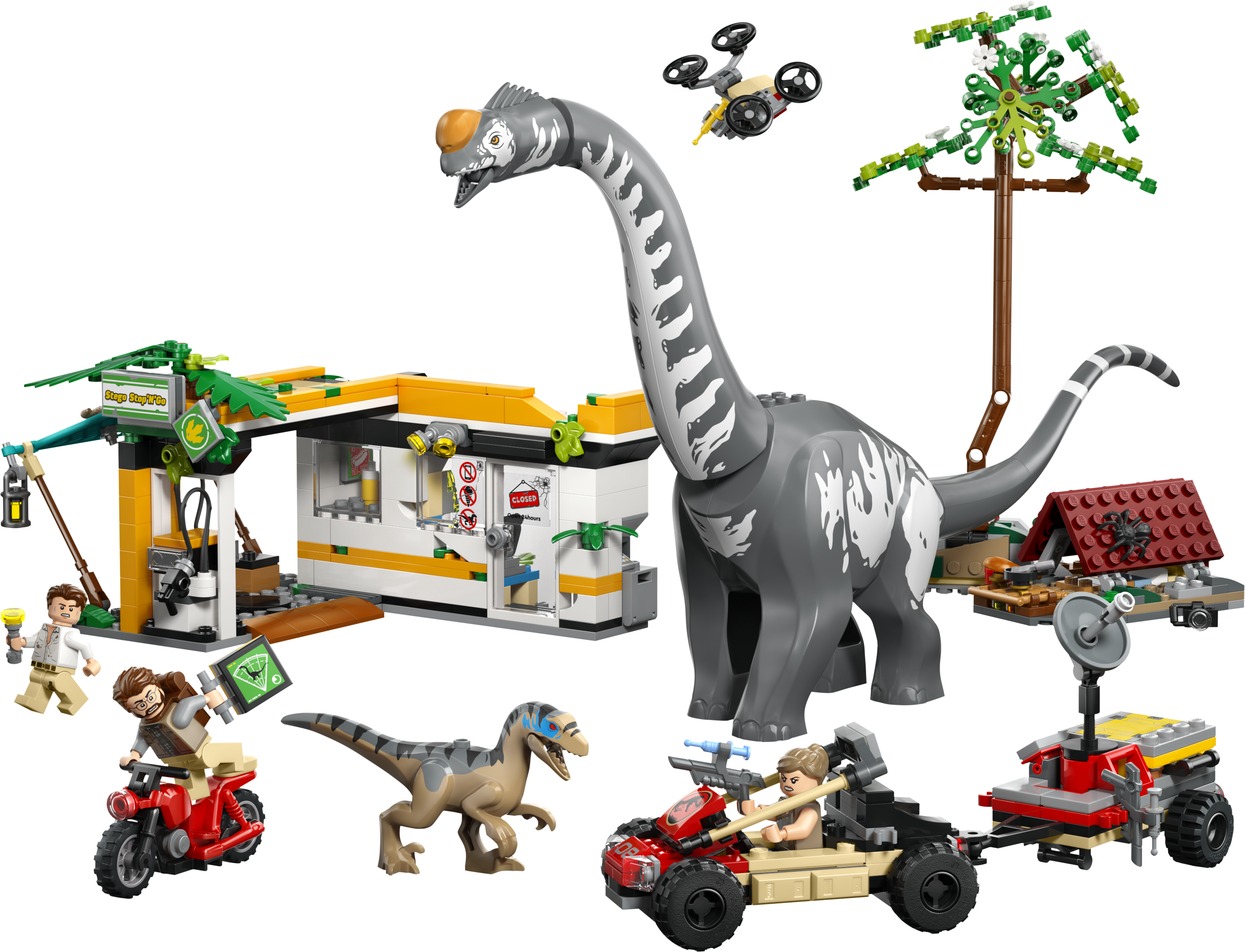 LEGO 76973 Raptor Titanosaurus Tankstelle Produktbild mit Dinosauriern und Fahrzeugen