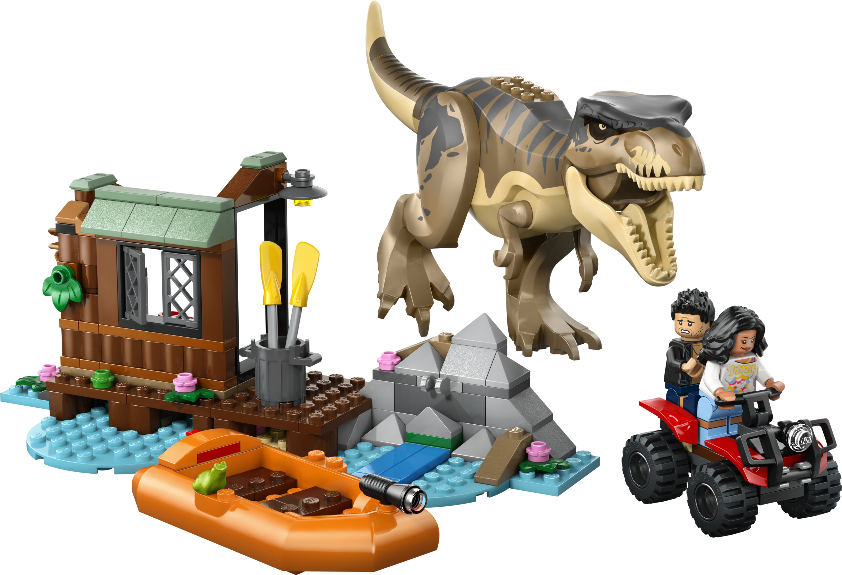 LEGO 76975 Escape T.Rex Boat product image with dinosaur and escape vehicles