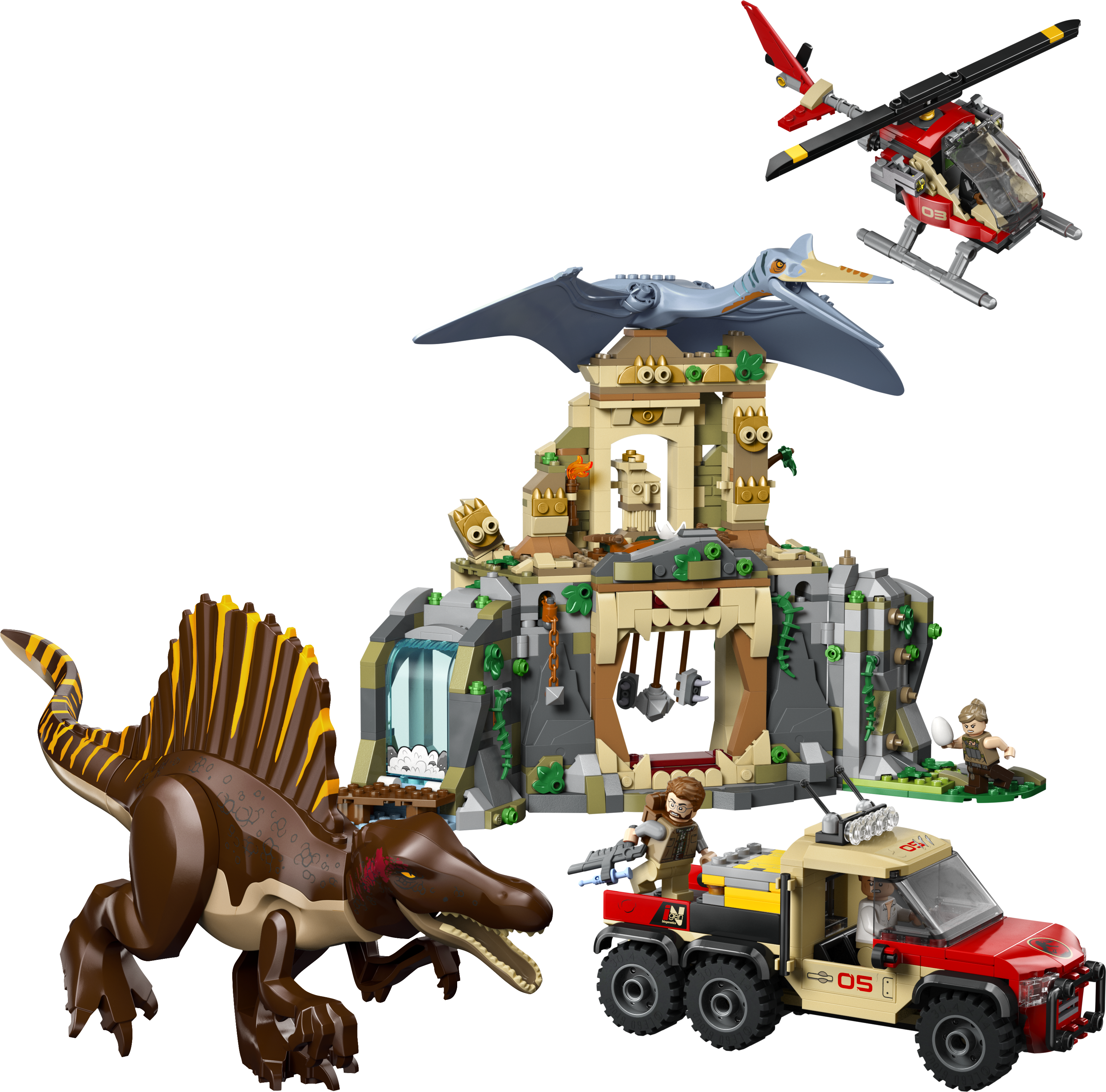LEGO 76976 Spinosaurus & Quetzalcoatlus Helicopter Mission product image with two dinosaurs and temple