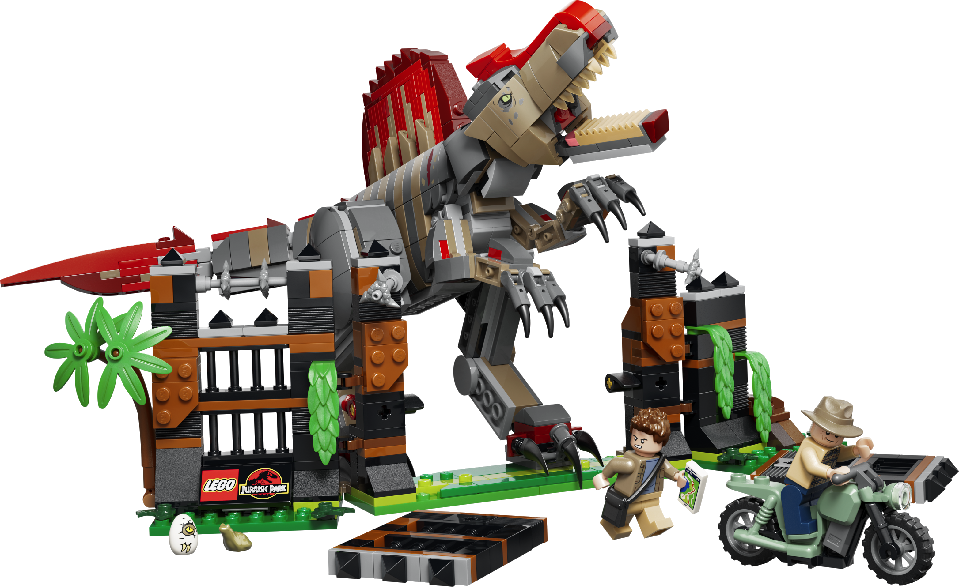 LEGO 77982 Flucht des Spinosaurus Produktbild mit beweglichem Dinosaurier, Motorrad und Gehegetor