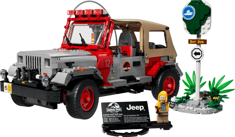 LEGO 77984 Jurassic Park Jeep Wrangler Produktbild mit Dennis Nedry Minifigur, Wegweiser und Dschungelkulisse