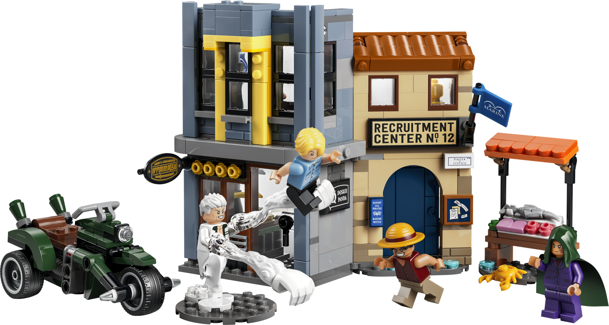 LEGO ONE PIECE 75642 Showdown mit Kapitän Smoker Produktbild mit Markt, Motorrad und Minifiguren